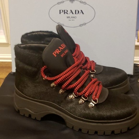 Prada calzature donna lace up pony fur boots size 36.5 - Picture 1 of 10